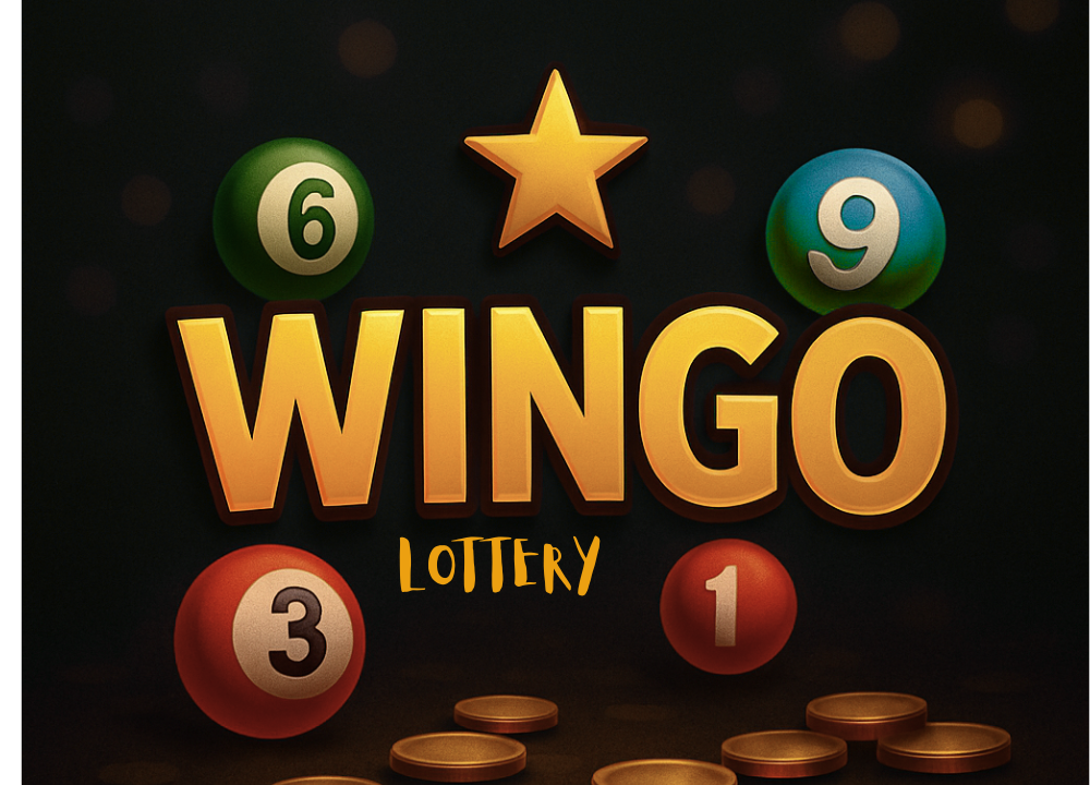 Wingo lottery game logo featuring bold yellow text 'WINGO', surrounded by colorful numbered balls (6, 9, 3, 1), a golden star above the text, and gold coins scattered at the bottom on a dark background.