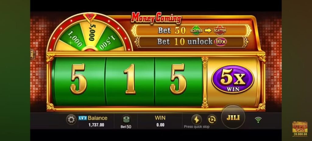 creenshot of a casino-style slot game showing a 'SUPER WIN' message with a prize amount of 5,105.00 coins, with gold coins flying around and a glowing background."