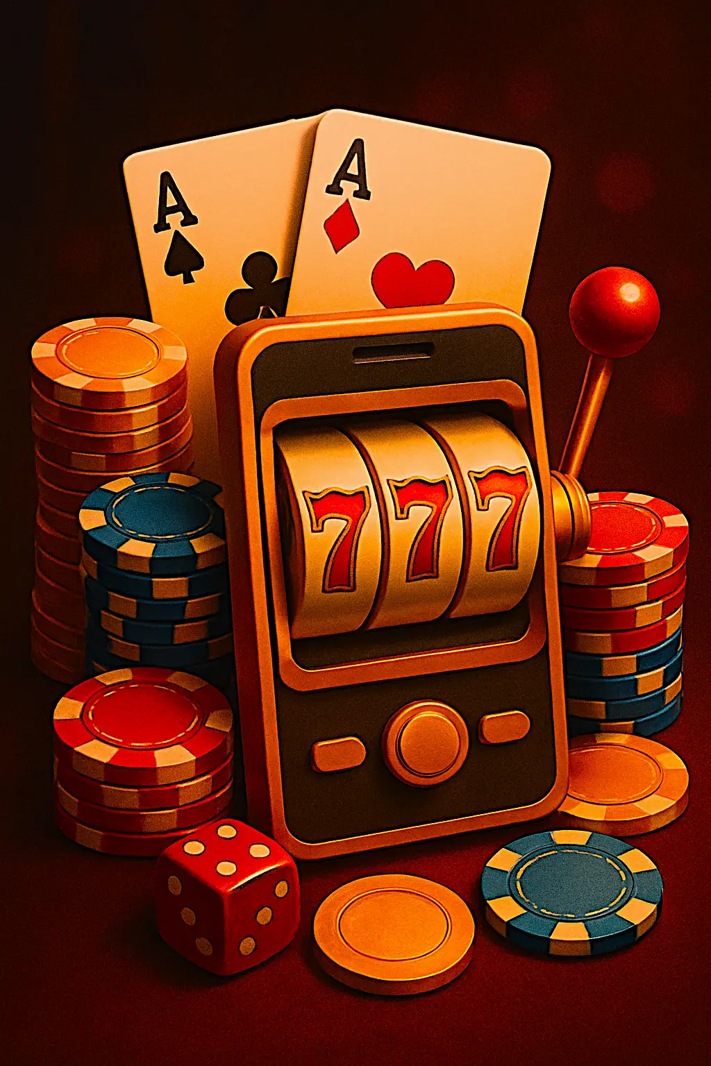 Download casino games illustration showing a mobile slot machine with 777 symbols, poker chips, playing cards, dollar bills, and dice in a vibrant casino setting.