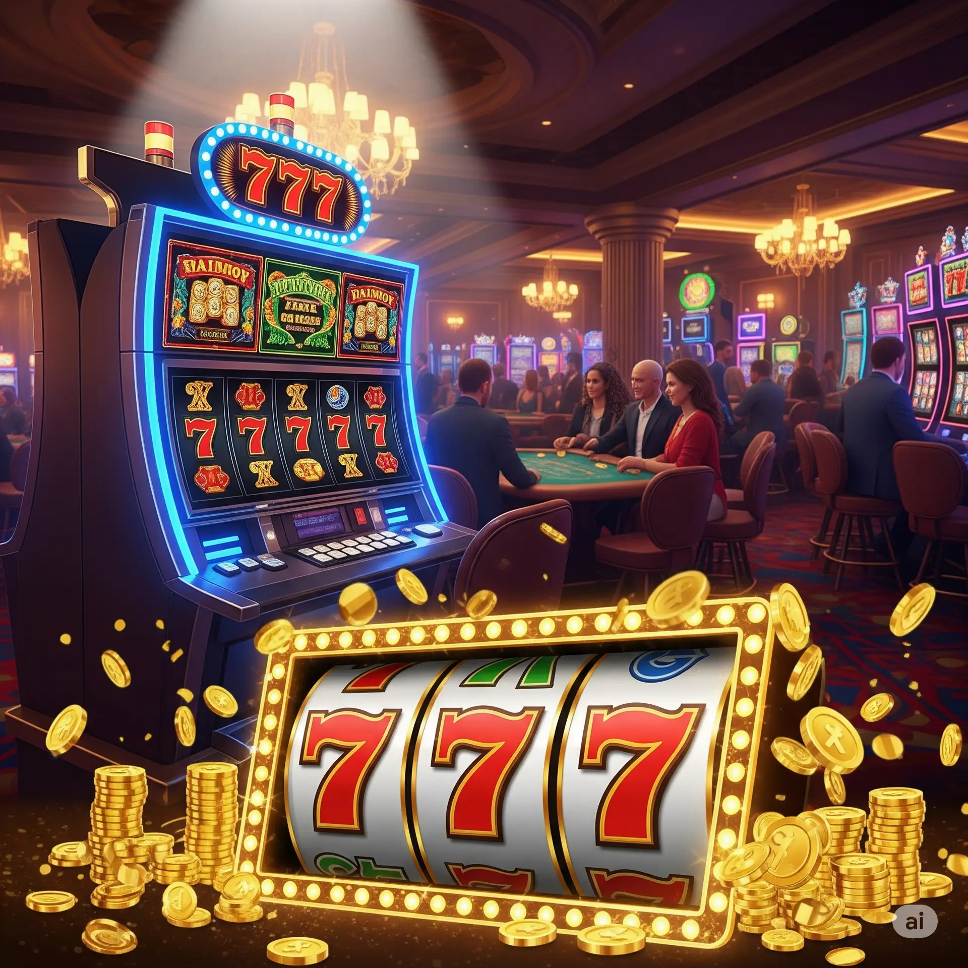 Casino slot machine showing a 777 jackpot win, surrounded by gold coins and players at tables in a luxurious casino setting – perfect for free download casino 777 themes.