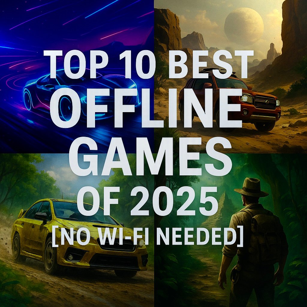 Promotional image for a blog titled “Top 10 Best Offline Games of 2025 [No Wi-Fi Needed],” featuring bold white text overlaid on four illustrated game scenes: a futuristic neon-lit race car, an SUV in a desert canyon, a yellow rally car in a jungle, and an adventurer in explorer gear standing in a lush forest.