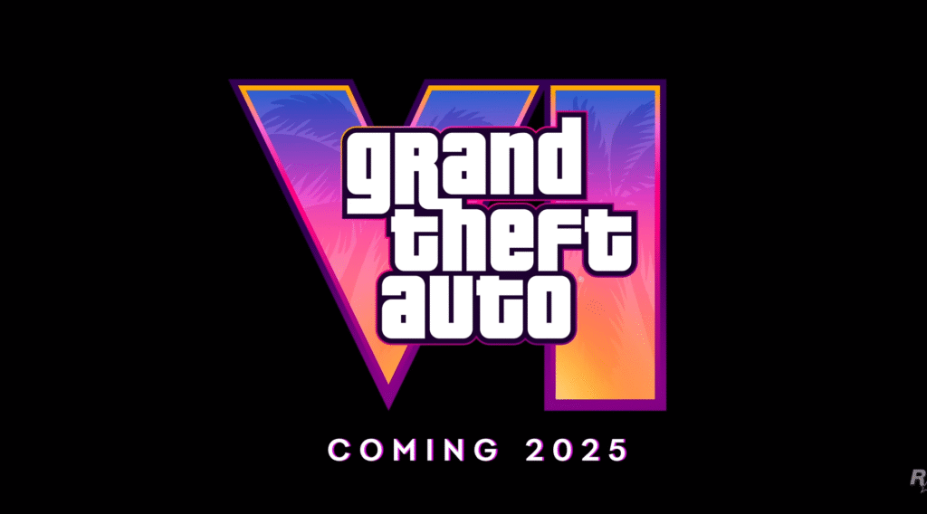 Official GTA 6 logo with neon retro colors and text 'Grand Theft Auto VI – Coming 2025