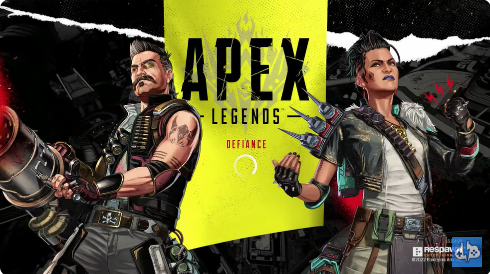 Stylized artwork of two characters from Apex Legends standing confidently in front of a yellow banner that reads "APEX LEGENDS: DEFIANCE." One character holds a massive weapon with red energy, while the other has spiked armor and clenched fists. The background features dark mechanical elements and the logos for Respawn Entertainment and EA.