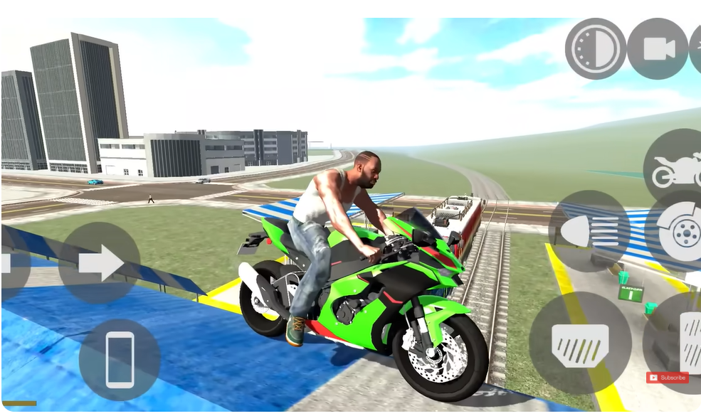 Gameplay screenshot of Indian Bike Driving 3D Old Version showing a character riding a green sports bike on a ramp in an open-world city environment with visible control buttons.