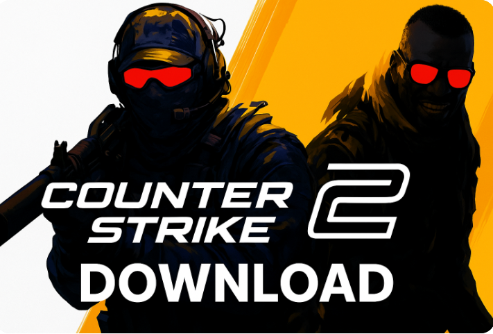 Counter-Strike 2 Download promotional image showing two tactical characters with red visors and bold branding, emphasizing the official launch and download availability of CS2.