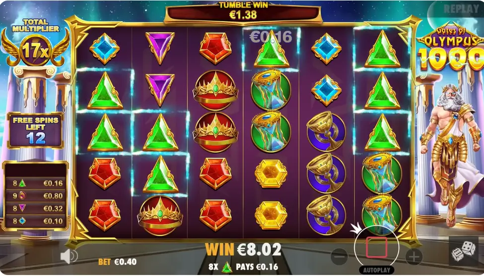 Screenshot of the Gates of Olympus Offline APK slot game showing a winning screen with vibrant gems, a 17x multiplier, 12 free spins left, and Zeus standing on the right side.