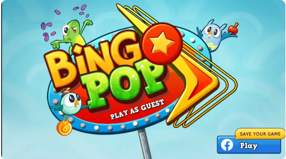 Bingo Pop game welcome screen featuring a colorful signboard, cartoon birds, coins, and the option to play as a guest or with Facebook.