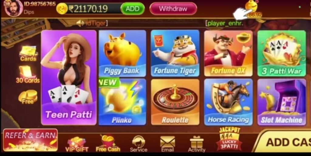 A screenshot of a mobile gaming app interface showing various casino-style games. The highlighted game is 'Teen Patti' featuring an animated woman holding playing cards. Other games visible include Piggy Bank, Fortune Tiger, Fortune OX, 3 Patti War, Plinko, Roulette, Horse Racing, and Slot Machine. The user's balance, add and withdraw buttons, and navigation options like 'Refer & Earn', 'VIP Gift', 'Service', 'Email', and 'Activity' are also displayed."