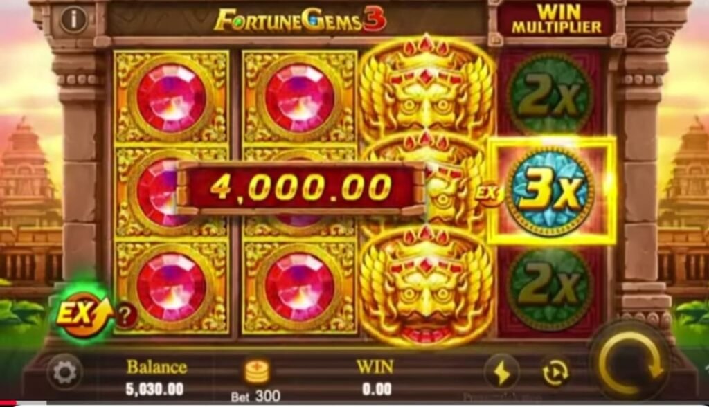 Fortune Game slot screen showing a 4,000.00 win with 3x multiplier in Fortune Gems 3, highlighting a big jackpot moment in the fortune game.