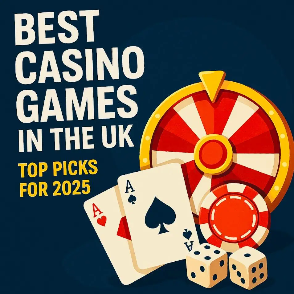 Promotional image for the best casino game in the UK, featuring a roulette wheel, poker chips, two aces, and dice with bold text reading “Best Casino Games in the UK – Top Picks for 2025.