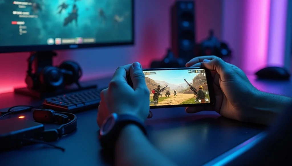 A person holding a smartphone horizontally, engrossed in playing a mobile shooter game similar to Mini Militia Classic. The screen displays an in-game scene with multiple characters in a combat setting. A gaming PC setup with a monitor and peripherals is visible in the background, illuminated by blue and purple lighting.
