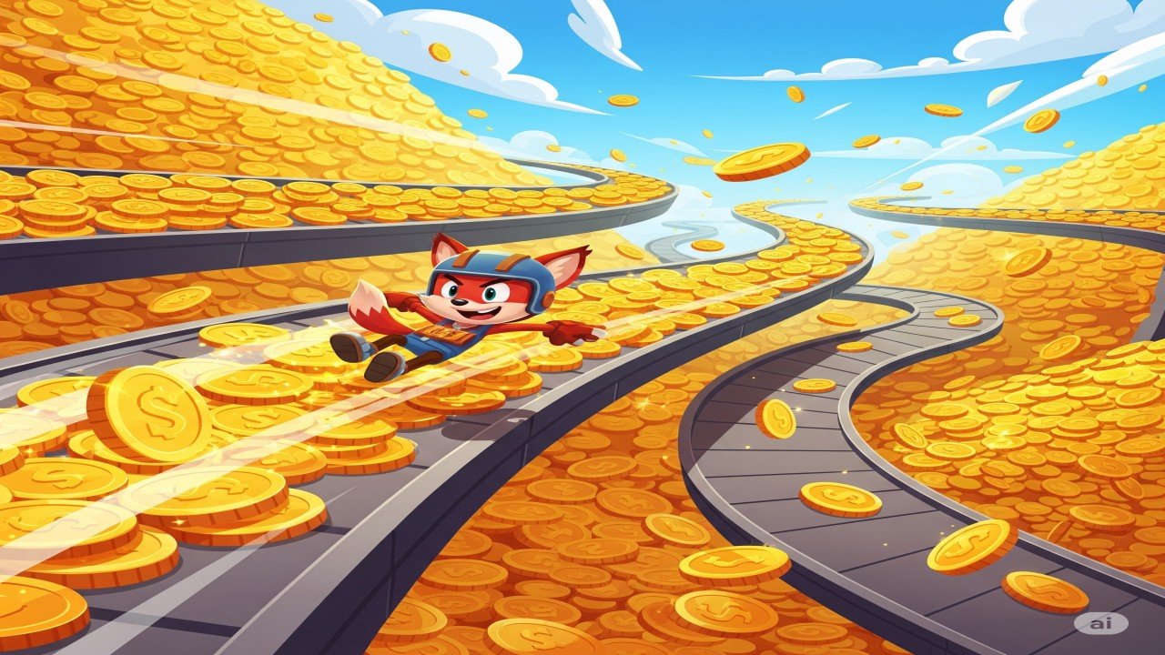 Coin Rush mobile game screenshot showing a golden coin rolling through obstacle tracks