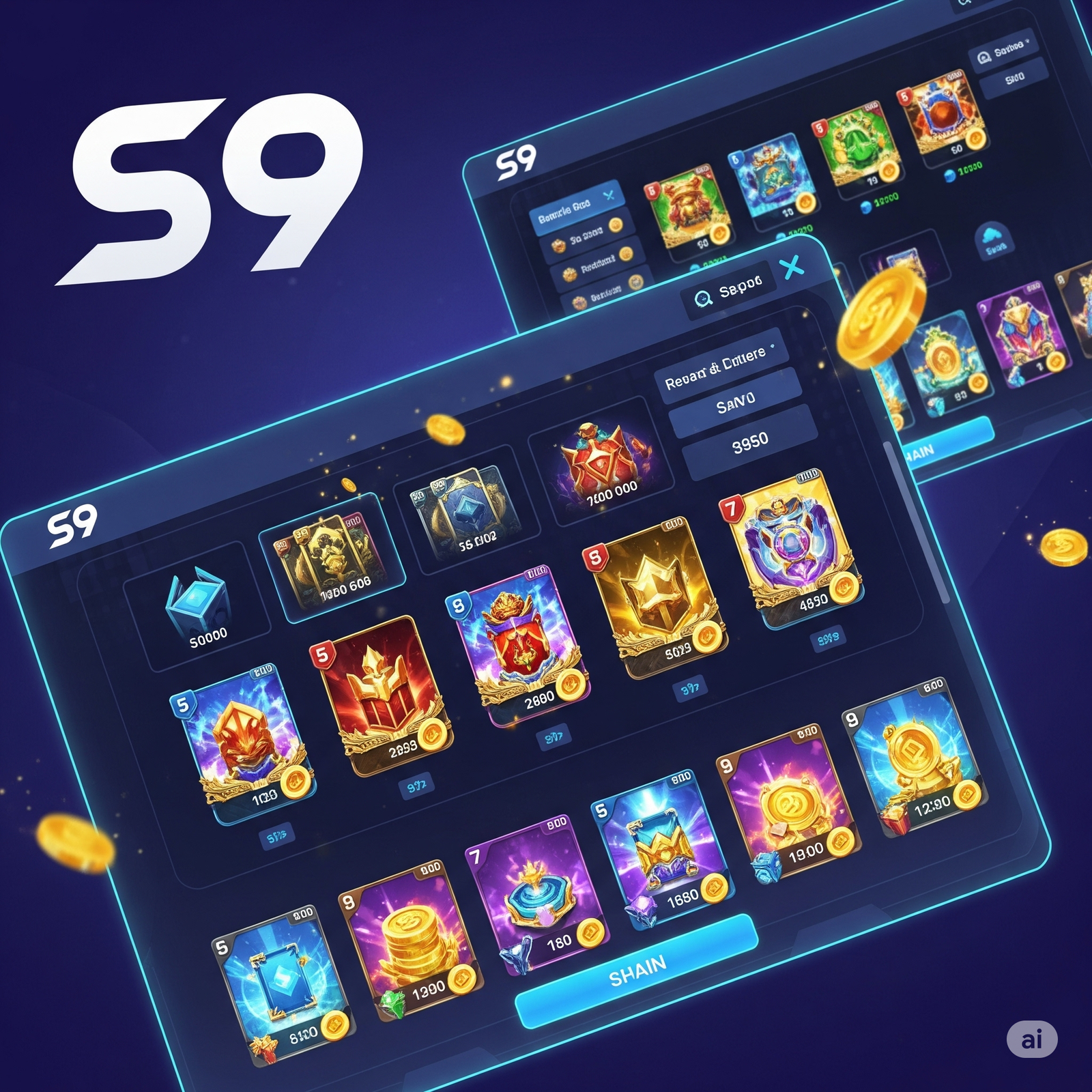 Interface of the S9 game showcasing a digital shop or reward center, with various in-game items such as cards, gold coins, gems, and treasure chests displayed on a futuristic blue UI with glowing highlights and floating coins.