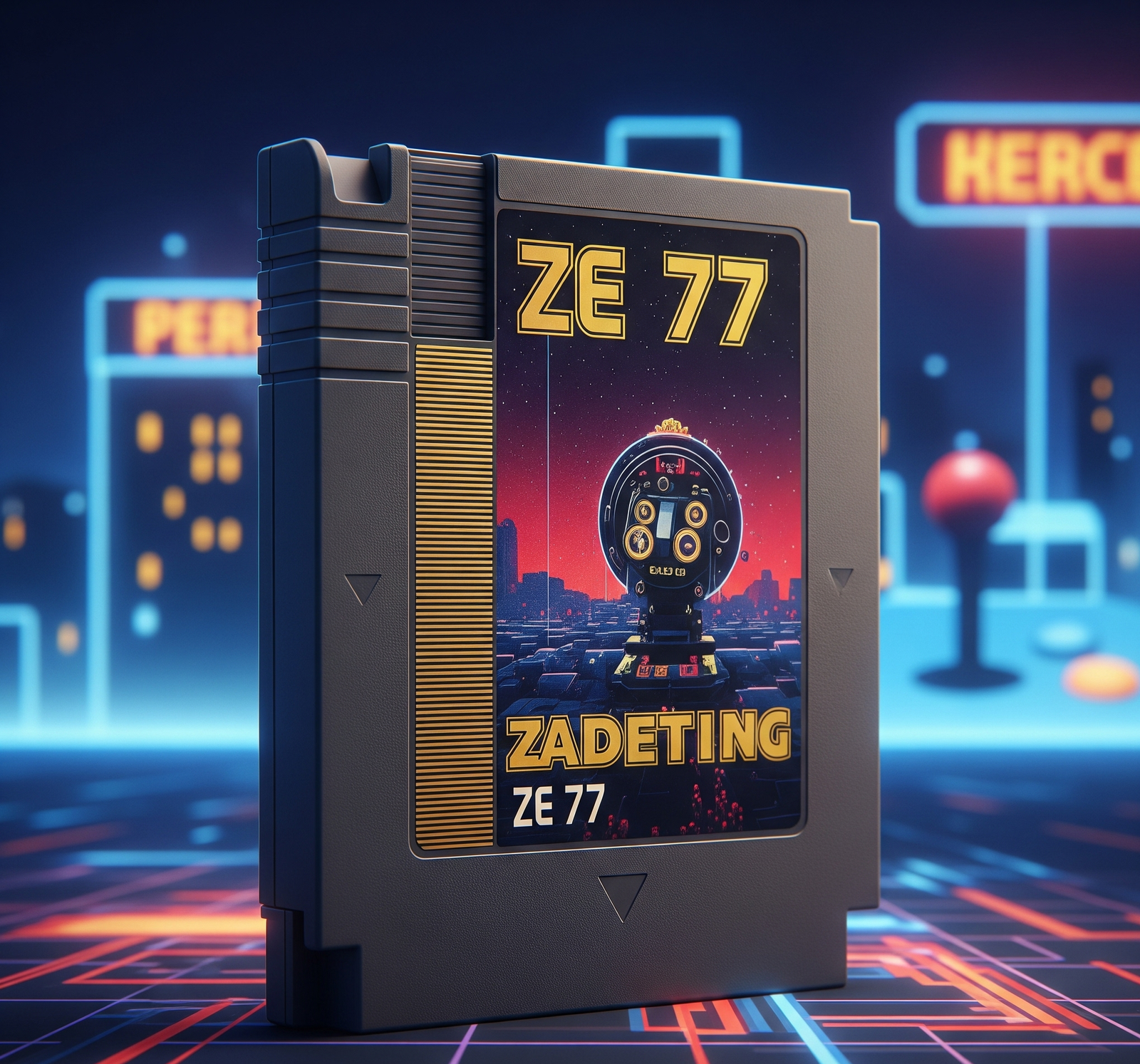ZE 77 game cartridge featuring a futuristic slot machine design with neon lights and retro cityscape background.
