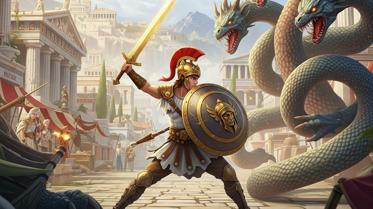 Epic scene from the Game of Olympus slot game featuring Greek gods and thunderbolts