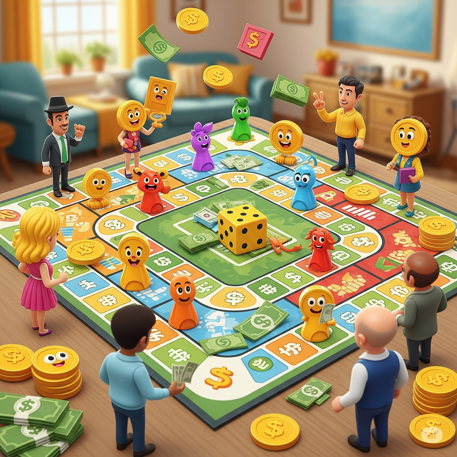 Money Time Game board showing players winning real cash, colorful tokens, and dollar bills in a fun indoor setting
