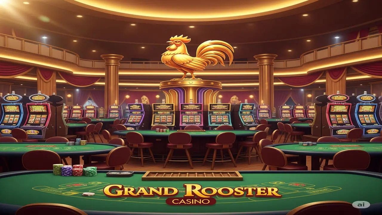 Grand Rooster Casino slot game with golden rooster statue and slot machines in a luxurious casino hall