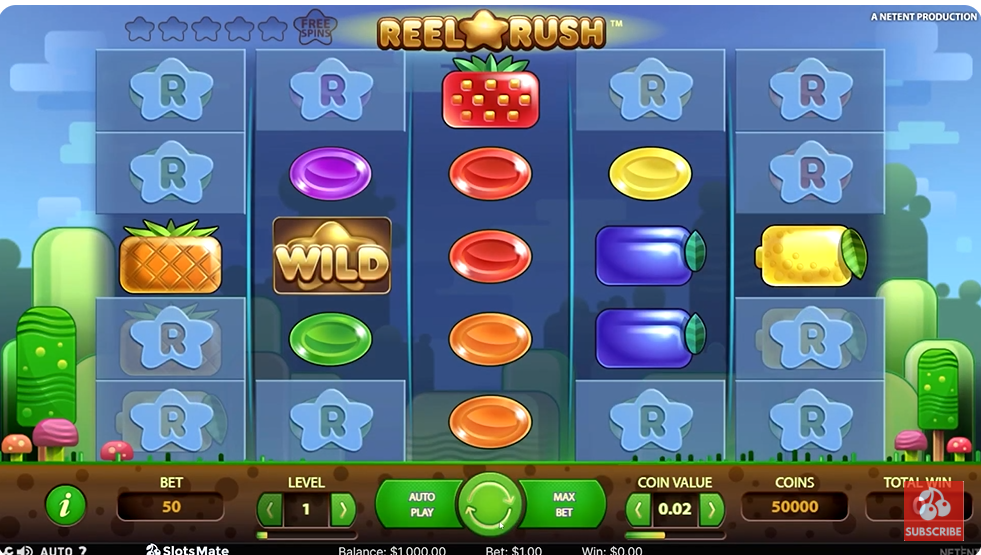 the Reel Rush online slot game by NetEnt, showing colorful fruit symbols like strawberries, pineapples, and candies on a cartoon-style grid with a 'WILD' symbol in the center reel, bet and coin controls at the bottom."