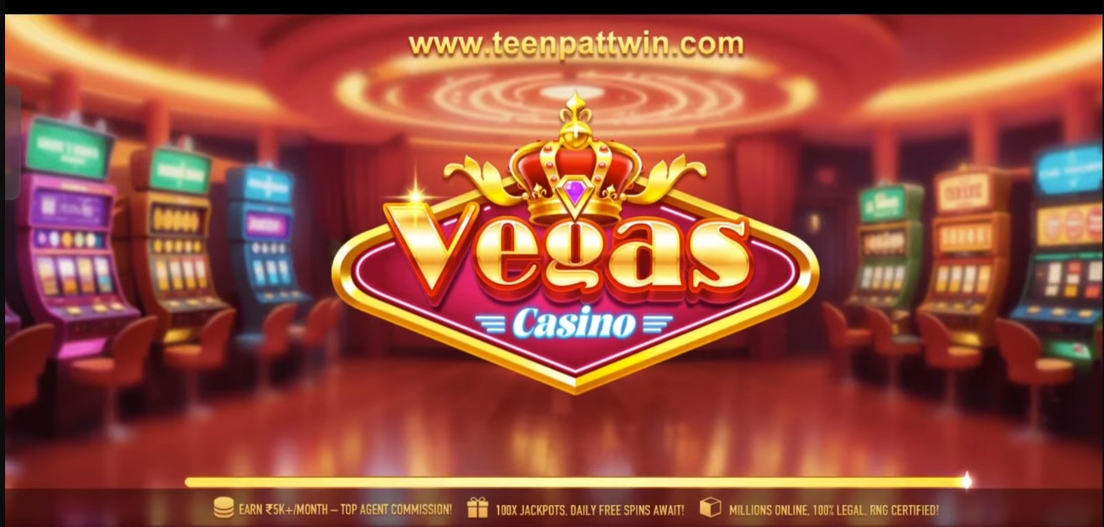 Colorful slot machines inside 777 Real Vegas Casino Slots with a glowing Vegas Casino logo