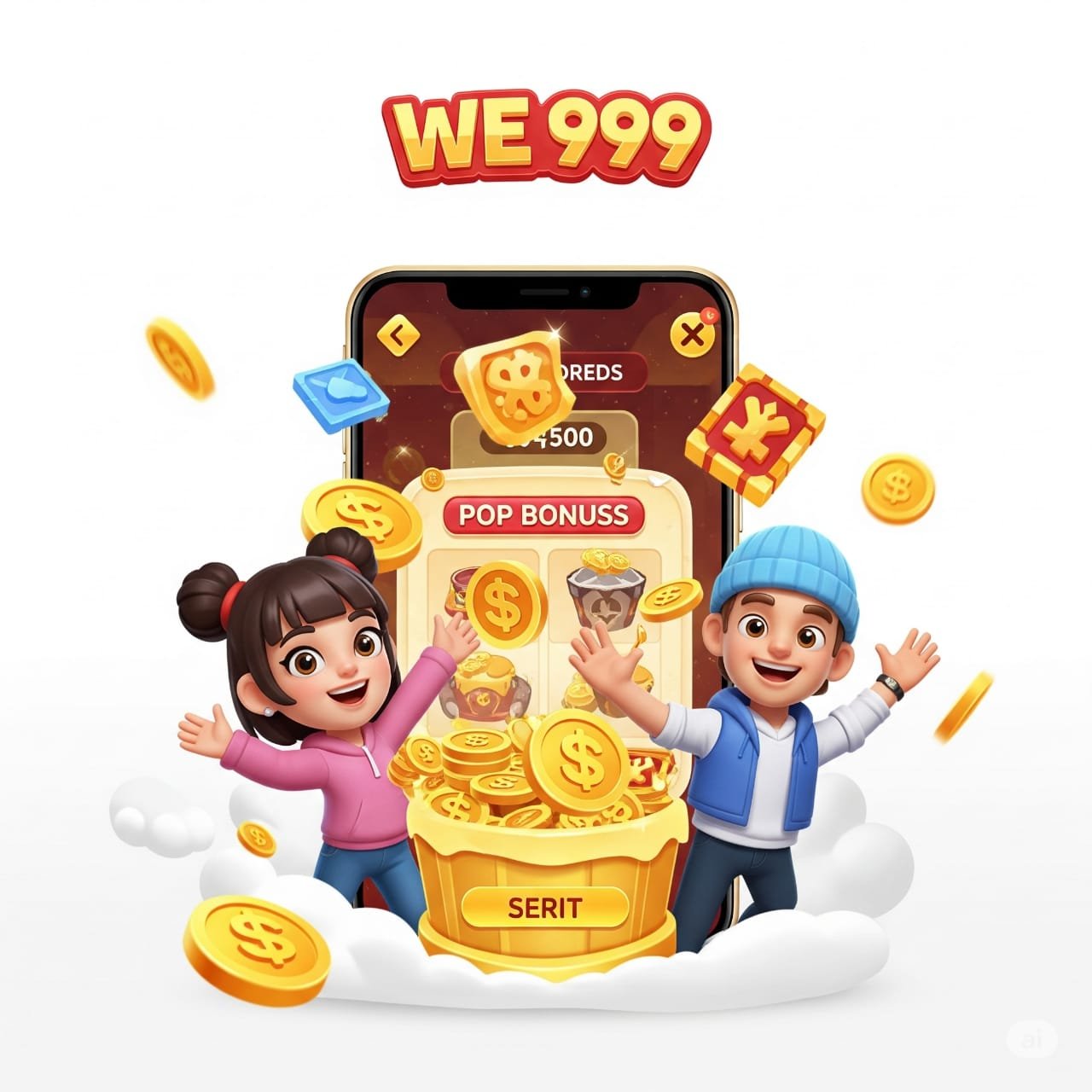 Happy cartoon kids celebrating with flying gold coins in front of WE999 Game mobile screen featuring slot machine and pop bonus rewards"
