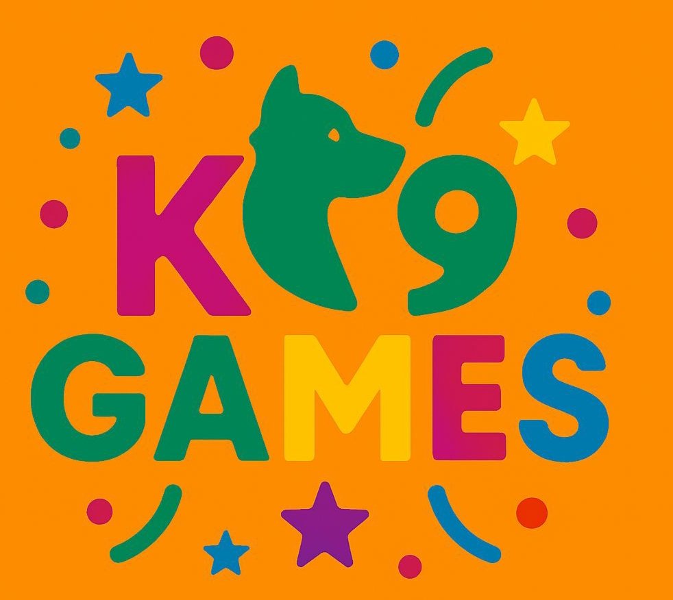 Colorful "K9 Games" logo on an orange background, featuring a green dog head silhouette forming the letter "9", with playful stars, dots, and curved lines in blue, purple, red, and yellow surrounding the vibrant text.