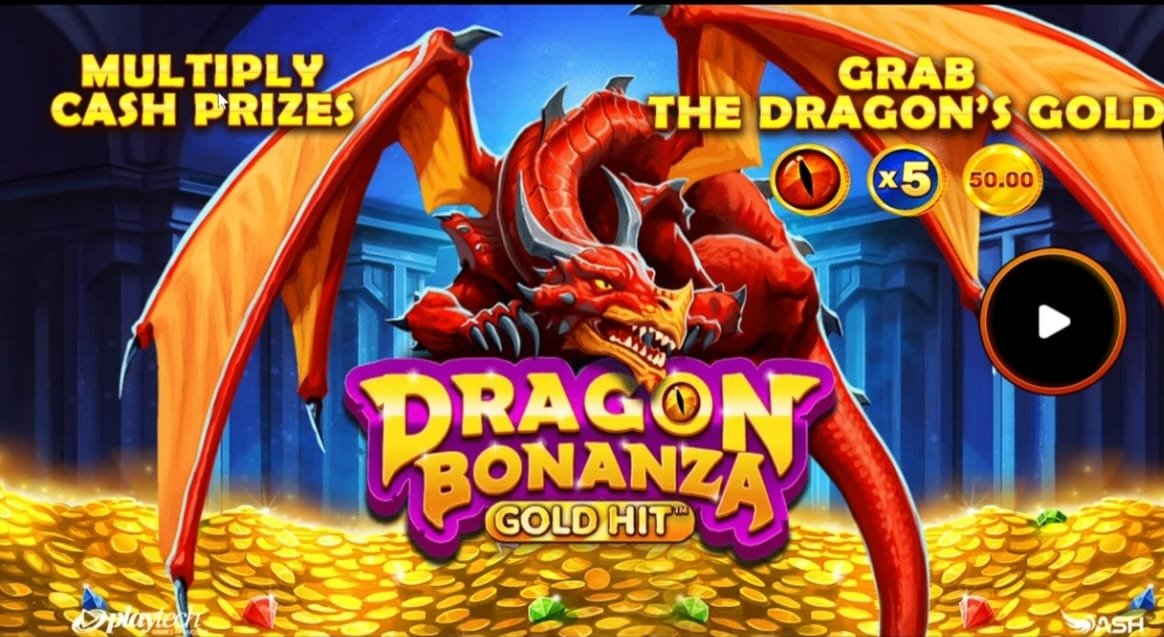 Dragon Bonanza Gold Hit slot game reels showing dragons, gold coins, and bonus symbols.