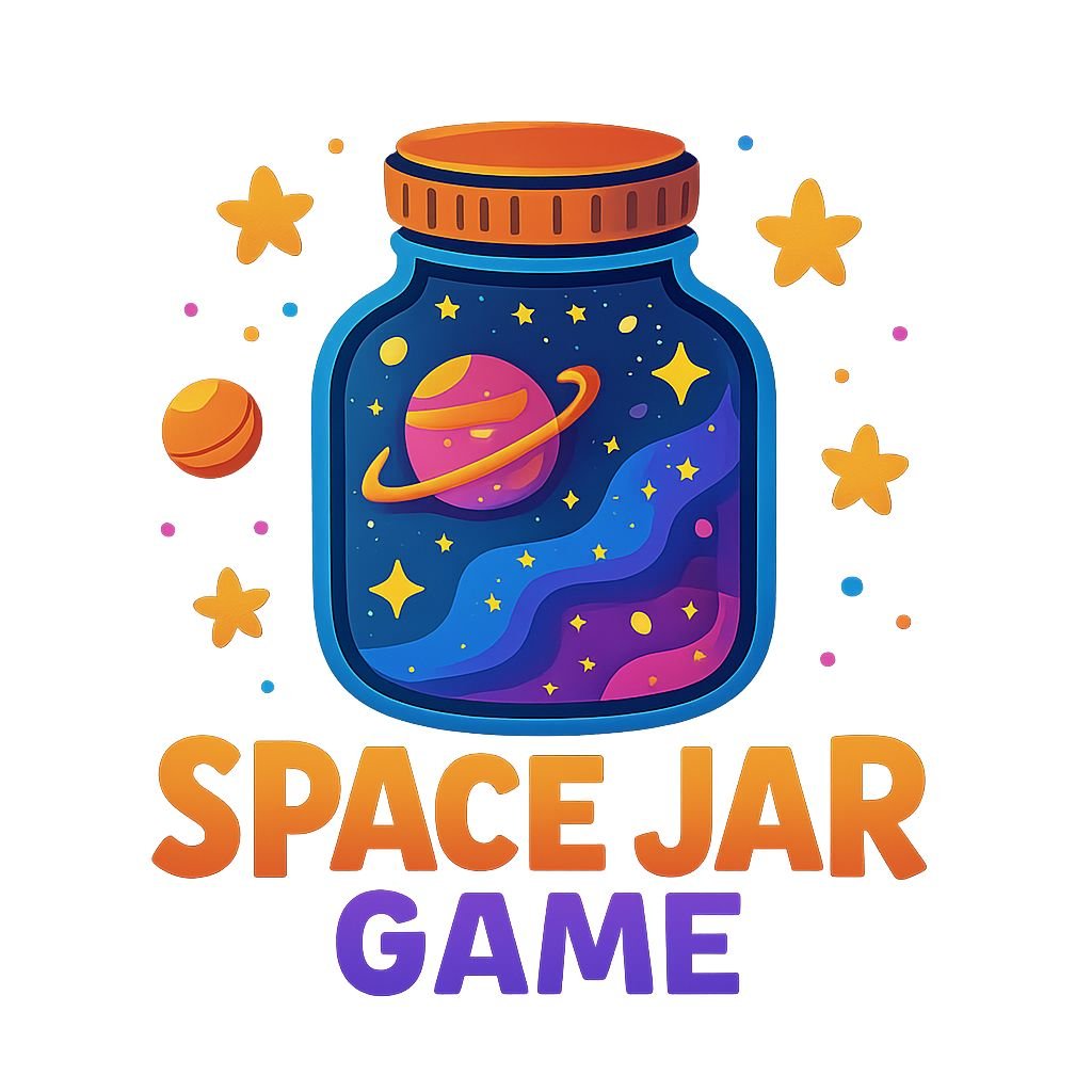 Colorful illustrated logo of the Space Jar Game featuring a jar filled with stars, planets, and galaxies, symbolizing a space-themed adventure.
