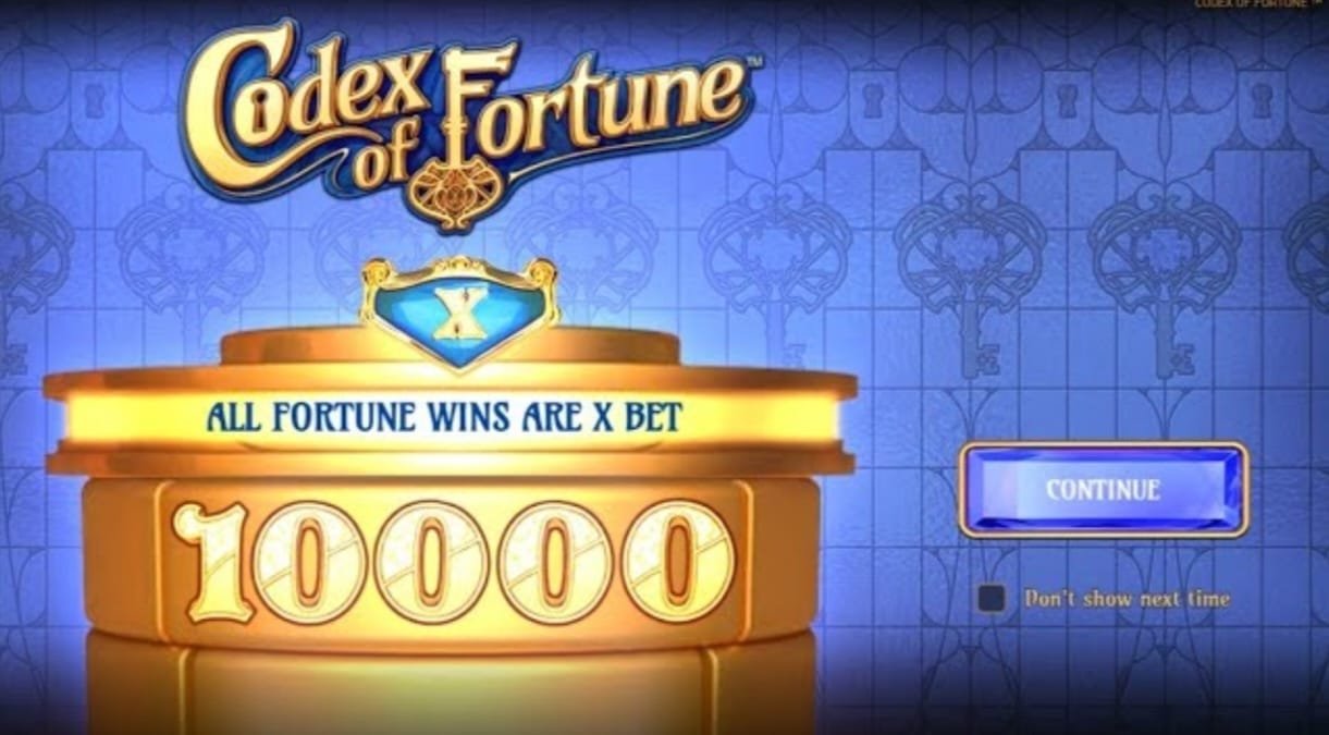 Codex of Fortune slot game screen showing 10000x win multiplier and "All Fortune Wins Are X Bet" message with blue and gold interface.
