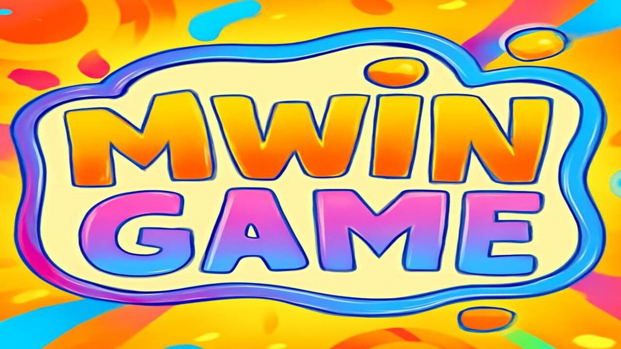 MWin Game logo with vibrant colors and a playful font, set against a bright yellow and orange background with abstract shapes.