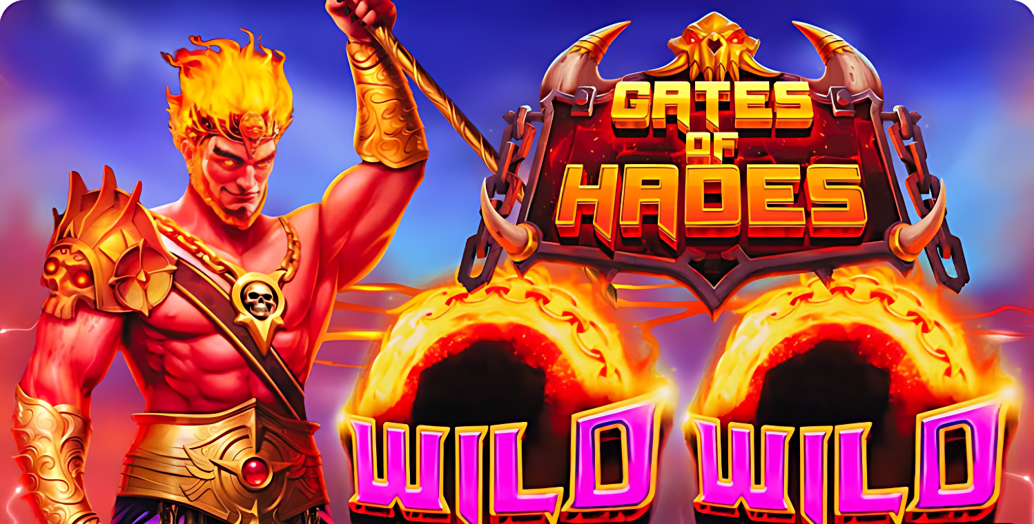 Fiery warrior guarding the Gates of Hades slot game with flaming wild symbols and bold game logo