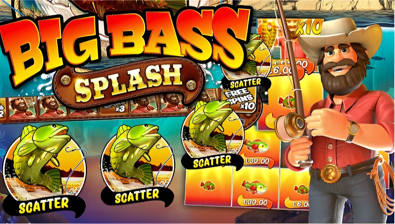 Vibrant promotional image for Big Bass Splash featuring a bold yellow and orange logo, a cheerful fisherman with a cowboy hat holding a fishing rod, and multiple scatter symbols (fish) with labels like "Scatter" and "Free Spins x10," set against a colorful underwater and lakeside backdrop.