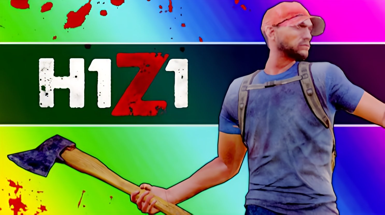 A person wearing a blue shirt, cap, and backpack holds an axe, standing against a colorful background with red splashes and the text "H1Z1" prominently displayed.