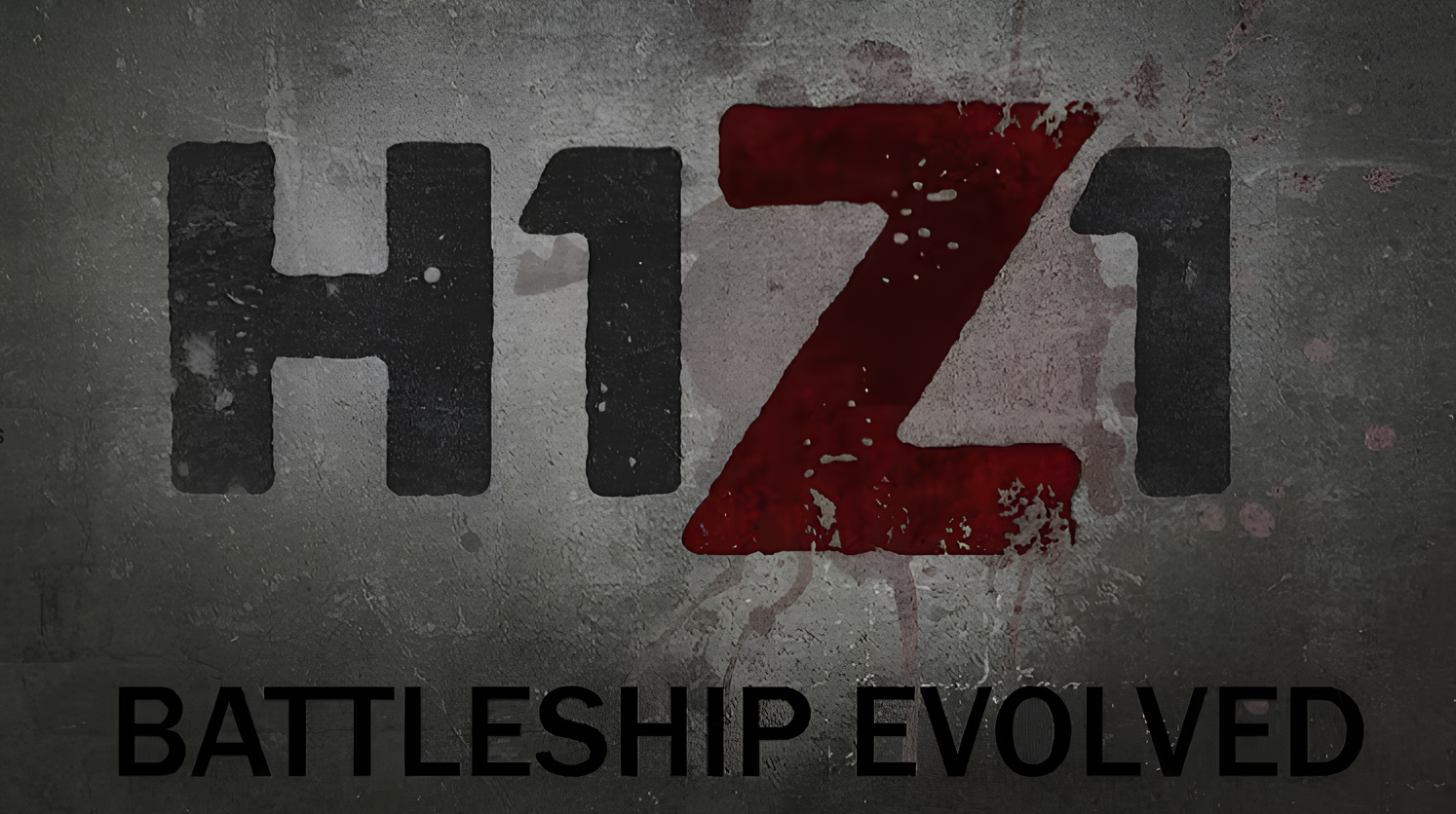 Logo for the game H1Z1, featuring the title "H1Z1" with a stylized red "Z" and black "H1" and "1" letters against a grungy concrete background, with the subtitle "BATTLESHIP EVOLVED" in black text below.