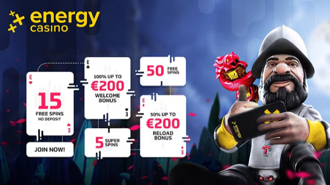 Promotional image for EnergyCasino online featuring a cheerful animated character in a knight outfit holding a smartphone and a treasure chest. The background showcases casino-themed elements with vibrant colors. Text highlights include "15 Free Spins No Deposit," "100% Up to €200 Welcome Bonus," "50 Free Spins," "50% Up to €200 Reload Bonus," and "5 Super Spins," with a "Join Now!" call-to-action.
