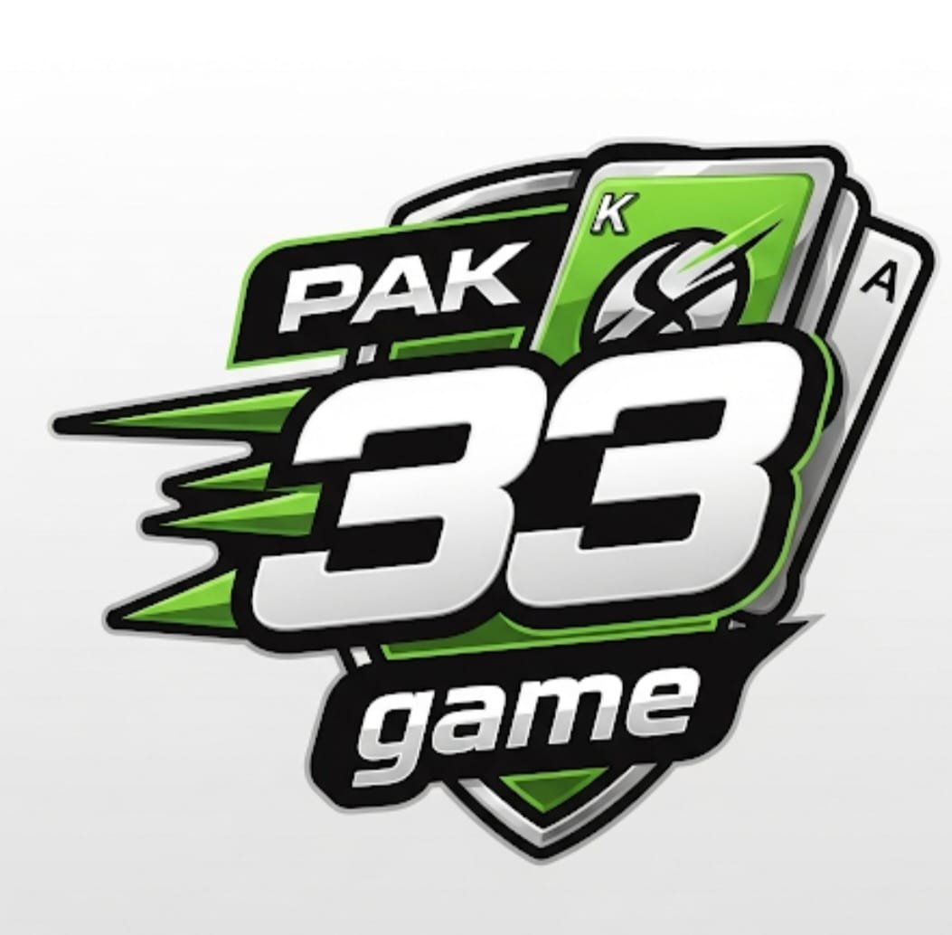 : Logo of PAK 33 game featuring green and black design with playing cards and bold number 33.