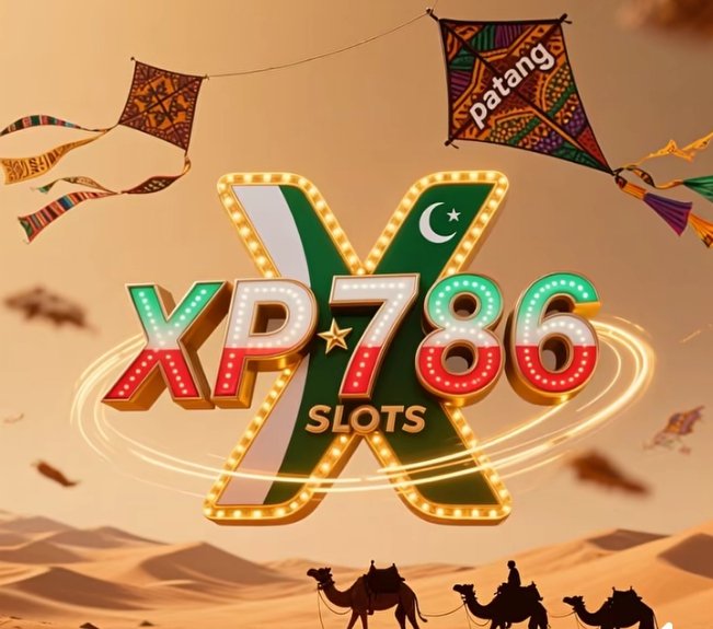 Logo of XP786 Slots Game featuring a large “X” in Pakistan’s flag colors, surrounded by flying kites and desert scenery with camels in silhouette.