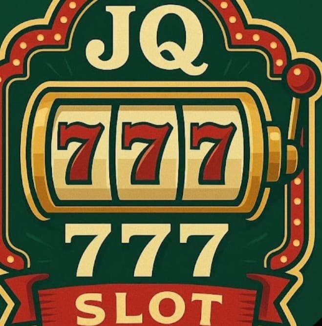Illustration of a vintage slot machine displaying a winning combination of three red,jq777 with decorative lights and the text "JQ777" at the top and at the bottom on a green and gold background.