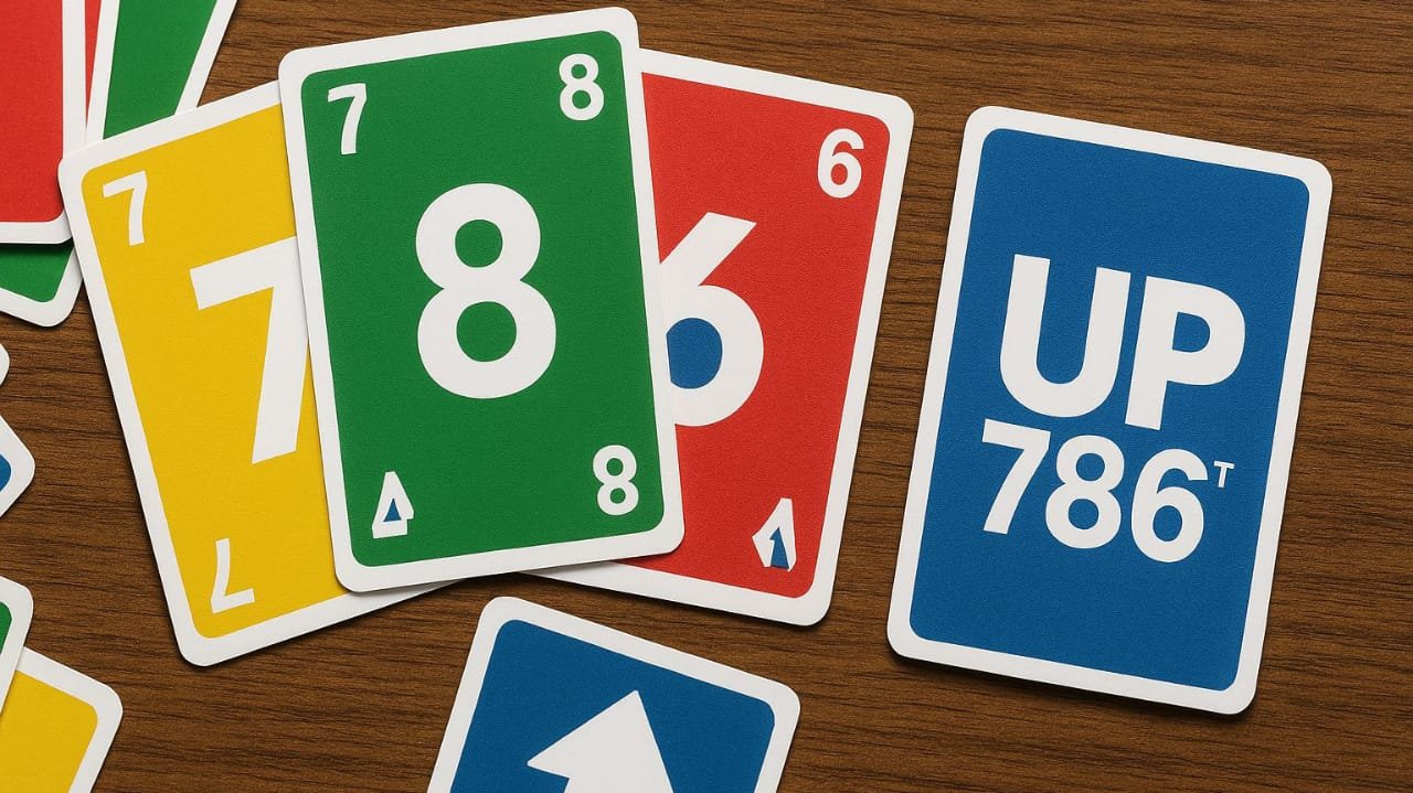 A collection of colorful UP 786 card game cards spread out on a wooden table, featuring numbers 6, 7, 8, and special UP 786 cards with arrows and the UP 786 logo in blue.