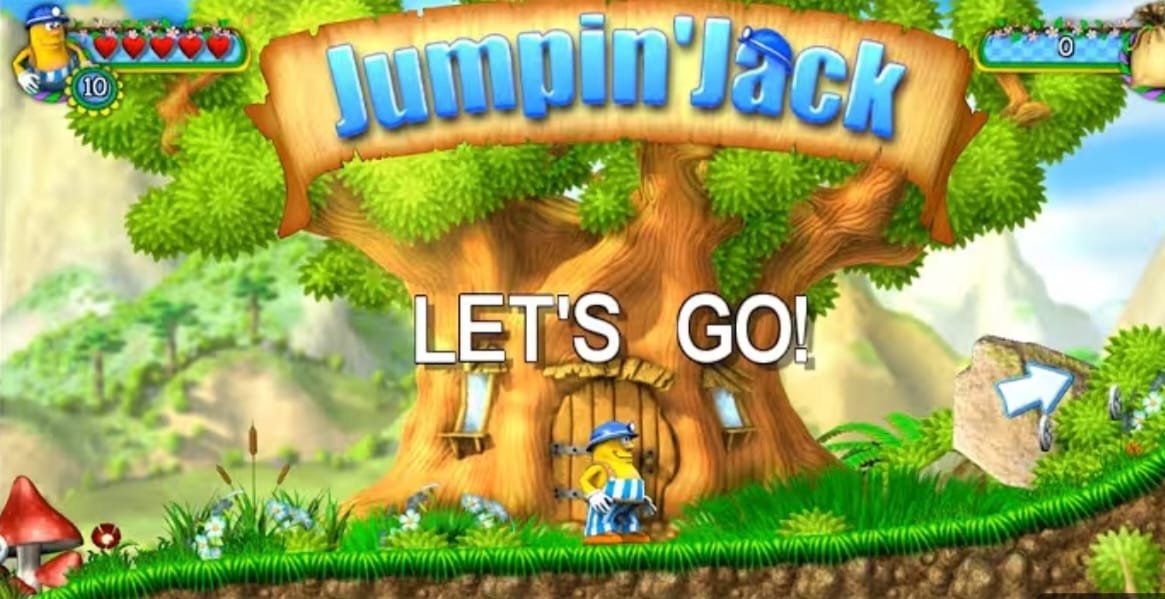 A vibrant Jumpin' Jack game scene featuring a cheerful yellow character in a blue helmet and striped overalls standing in front of a large tree with a wooden door. The tree is surrounded by lush green grass, colorful flowers, and mushrooms, creating a platform adventure game setting. Above the character, a wooden sign reads "Jumpin' Jack" in bold blue letters, with the words "LET'S GO!" prominently displayed below. The scene includes a health bar with hearts and a score display, set against a bright, nature-filled background with hills and a clear sky.