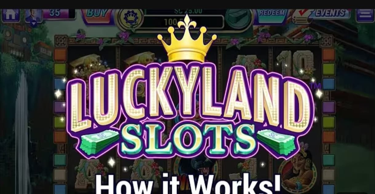 Promotional image for "LuckyLand Slots App" with a crown above the title and dollar bills below, set against a colorful slot machine game background.