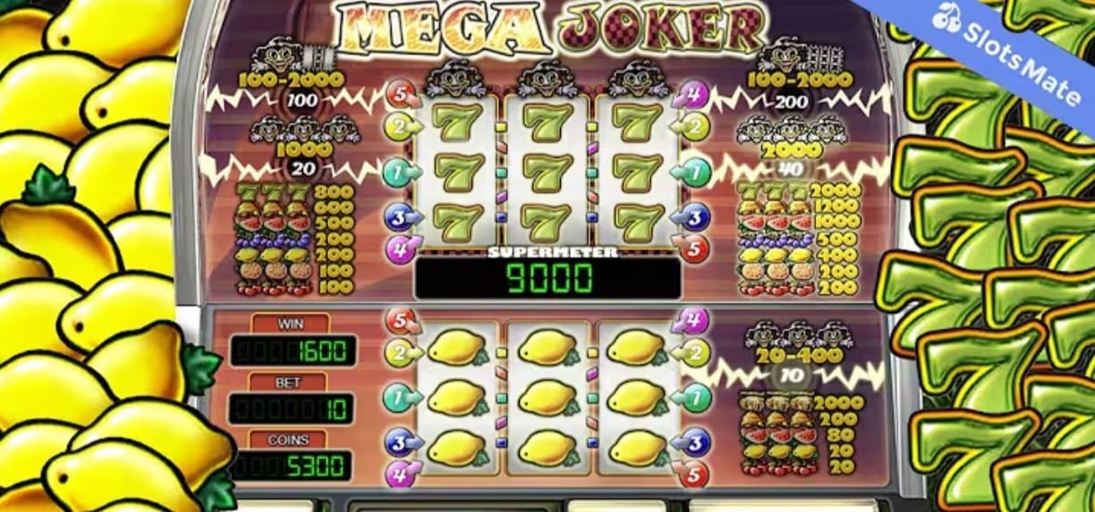 Screenshot of a "Mega Joker" slot machine game showing a winning combination with a payout of 1600 coins. The lower reels display multiple lemon symbols aligned, indicating a win. The screen also shows a supermeter reading of 9000 and a total coin balance of 5300. The game interface is vibrant with fruit symbols and payout information. Branding from "SlotsMate" appears in the top-right corner.