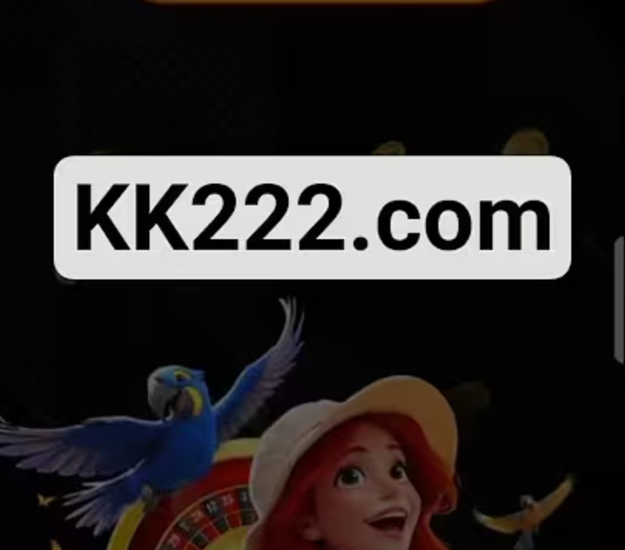 KK222 casino gaming banner with a cheerful girl, parrot, and roulette wheel